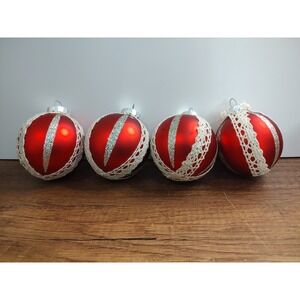 Vtg G&B Christmas Glass Ball Ornament Lot Of 4 Red Gold Glitter Beige Ribbon A17
